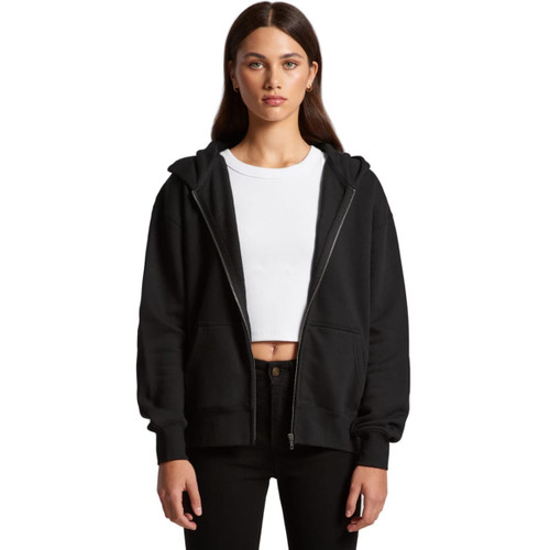 A black zip-up hoodie with a relaxed fit, featuring a hood and a front zipper, worn over a white top. A black zip-up hoodie with a relaxed fit, featuring a hood and a front zipper, worn over a white top.