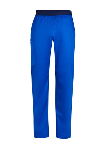 Bright blue straight leg scrub pants featuring an elastic waist and side pocket, with a dark blue waistband.