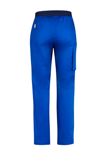 Men's Riley straight leg scrub pant in blue, featuring a back pocket and side cargo pocket, with a waistband detail.