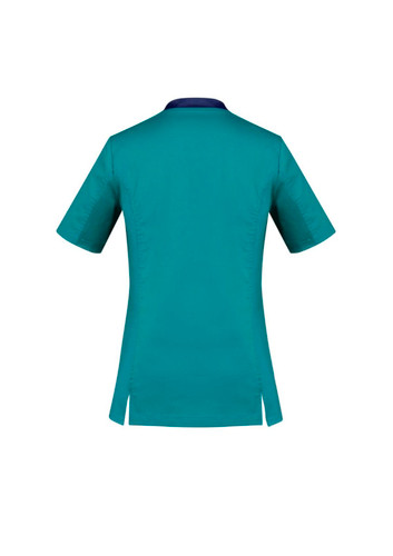 A teal women's scrub top with short sleeves and a navy collar, featuring side slits and a logo.