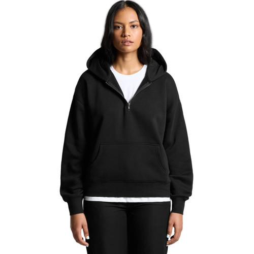 A black half zip hoodie with a front pocket and a hood, featuring a logo on the chest. A black half zip hoodie with a front pocket and a hood, featuring a logo on the chest.