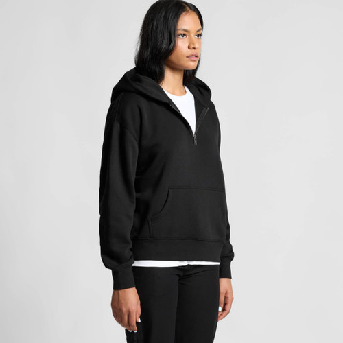 A black half-zip hoodie with a front pocket and a hood, featuring a relaxed fit. A black half-zip hoodie with a front pocket and a hood, featuring a relaxed fit.