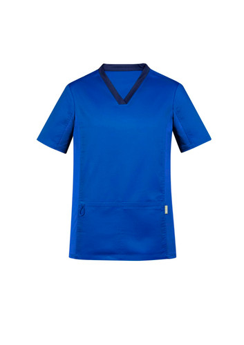 A blue men's scrub top featuring short sleeves, a v-neckline, and an integrated pocket. It includes a branding logo.