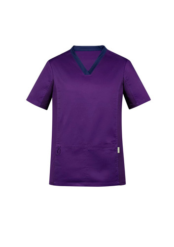 A purple men's scrub top with a contrasting collar, featuring short sleeves and a front pocket.