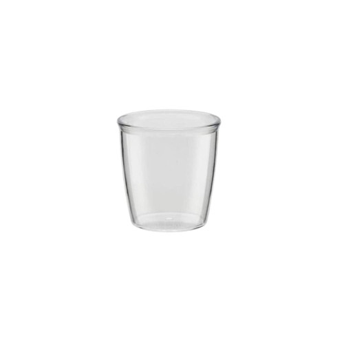 A clear, transparent 4oz tasting cup with a smooth design, featuring a simple logo.