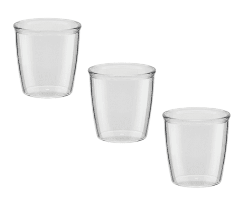 Three clear, transparent 4oz tasting cups arranged in a row, showcasing their simple design. Each cup has a smooth finish and a rounded shape.