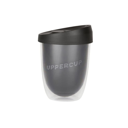 A drink bottle featuring a double wall design, in black and clear, with a branded lid.