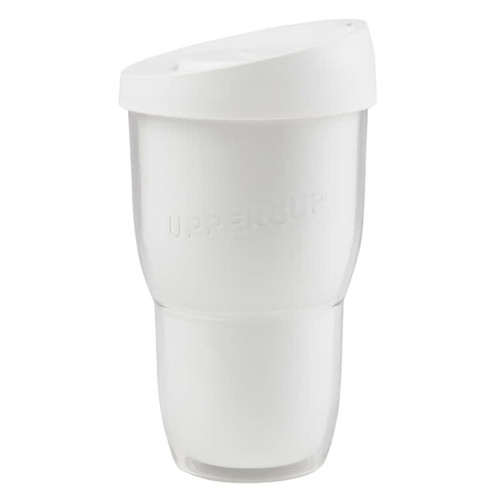 A double wall cup in white with a clear lower section and a whimsical lid, holding 454ml.