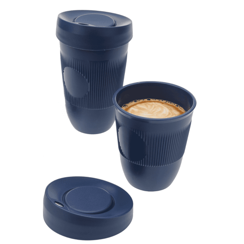 A drink bottle in navy blue with a ribbed design and a fitted lid, featuring a logo.