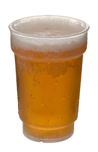 A 425ml clear plastic schooner glass filled with golden beer and topped with a foamy head.