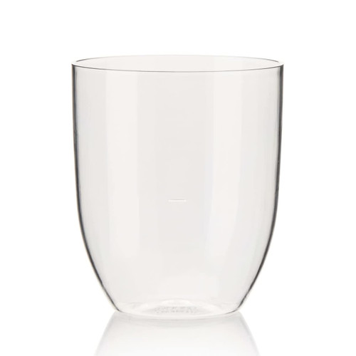 A clear stemless wine glass made from recycled Tritan™, featuring a smooth, modern design.