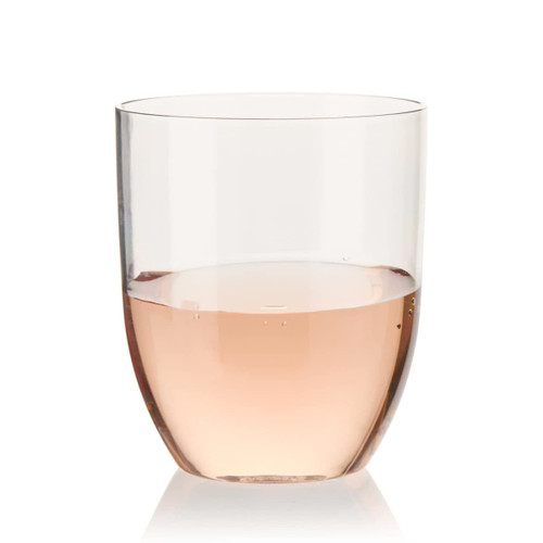 A stemless wine glass in clear recycled Tritan™, filled with pink rosé wine.
