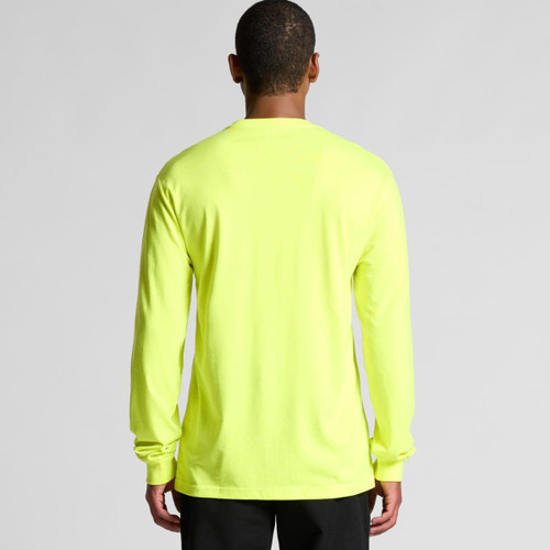 A long-sleeve work tee in vibrant neon yellow, featuring a logo on the back.