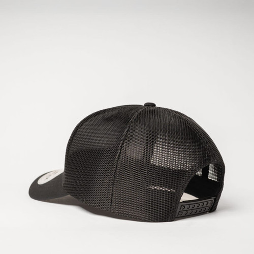 A black UFlex Classic Ultra-lite 5 Panel Trucker Cap featuring a mesh back and an adjustable strap.