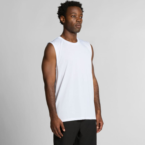 A sleeveless white tank top featuring a logo, worn by a standing model against a neutral background.