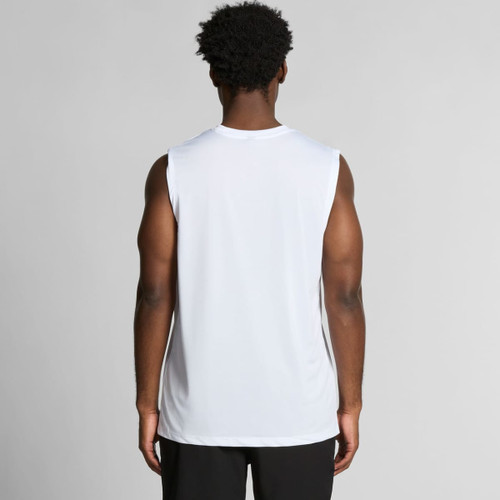 A sleeveless white active tank top displayed from the back, featuring a logo on the garment.