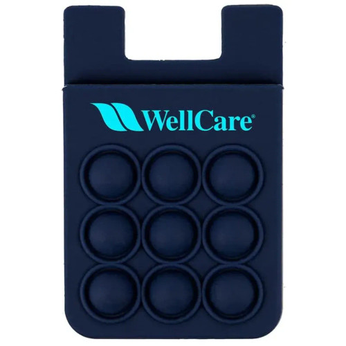 A navy silicone phone wallet with a textured popper design and a logo. Suitable for attaching to mobile devices.