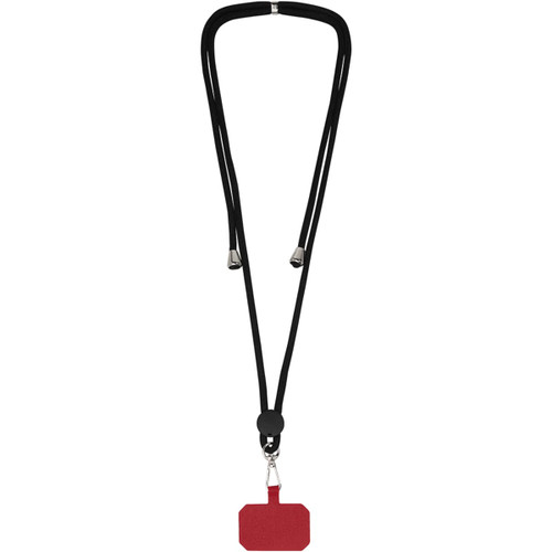 A black phone lanyard featuring a red rectangular holder at the bottom and silver clips on either end.