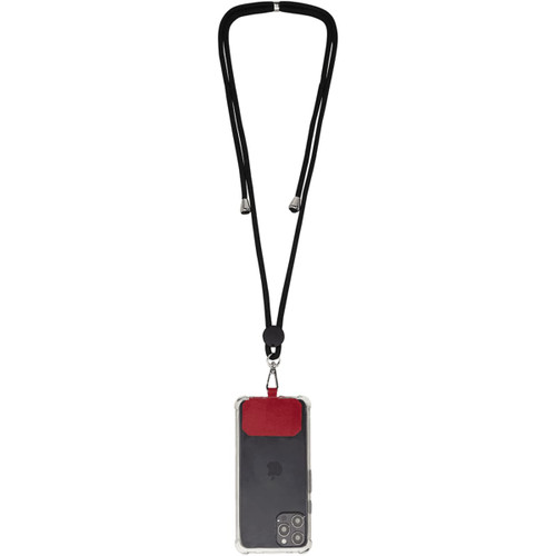 A black phone lanyard with a red attachment holding a phone case securely. The lanyard is adjustable.