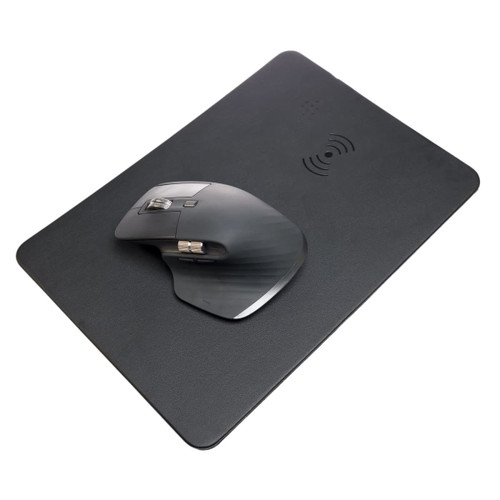 A black wireless charger and mouse pad with a sleek design, featuring a wireless charging logo and a mouse on top.