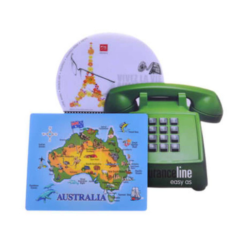 A green telephone mouse mat and two round mats featuring an Eiffel Tower design and an Australia map design.
