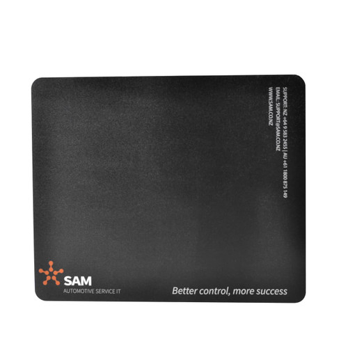 A black mouse mat featuring a logo and text, designed for office use, with a sleek, professional finish.