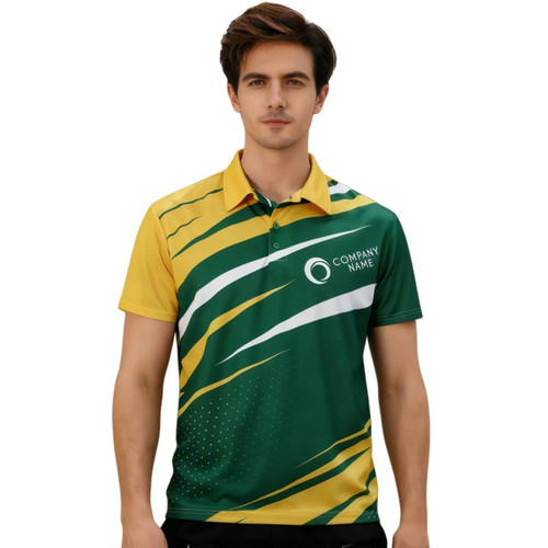 A green and yellow polyester sports polo featuring abstract designs and a logo on the front.