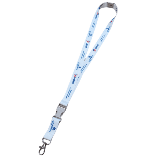 A light blue lanyard featuring a logo, with a metal release buckle and a clip for attachment.