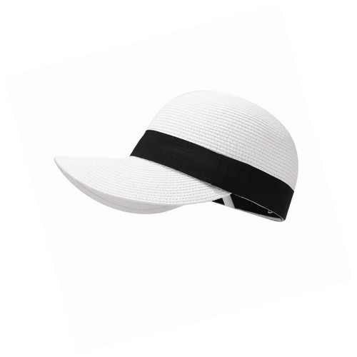A white sun hat with a wide black band around the base, featuring a curved brim.