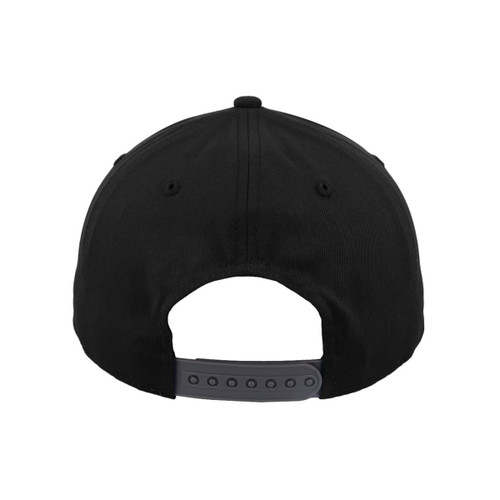 A black Classic 5 Panel Cap with a snapback closure and a logo on the back.