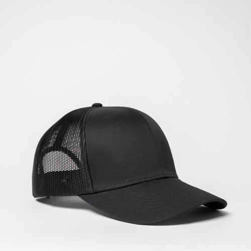 A black trucker cap featuring a six-panel design with a mesh back and a solid front.