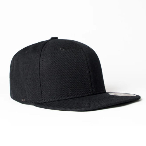 A black snapback cap with a structured crown, featuring a logo on the side.