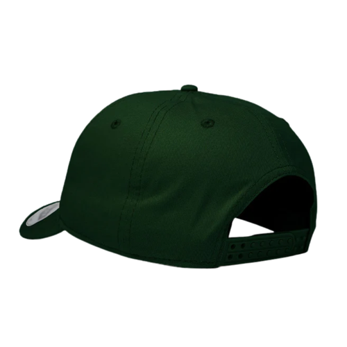 Green snapback cap with adjustable strap and curved brim.