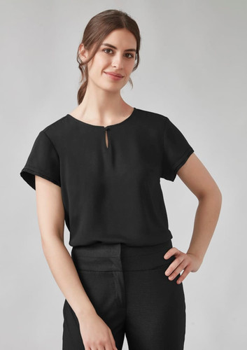 A black short sleeve blouse with a keyhole detail at the neckline, worn by a model.