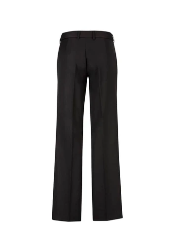 A pair of women's black adjustable waist pants with a straight-leg design and a back view.