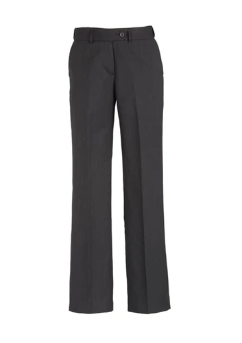 Grey women's adjustable waist slacks with a straight leg style, featuring pockets and a button closure.