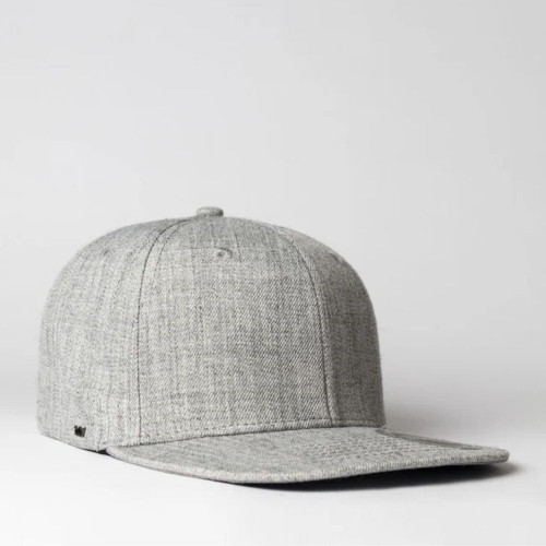 Gray wool baseball cap on white background.