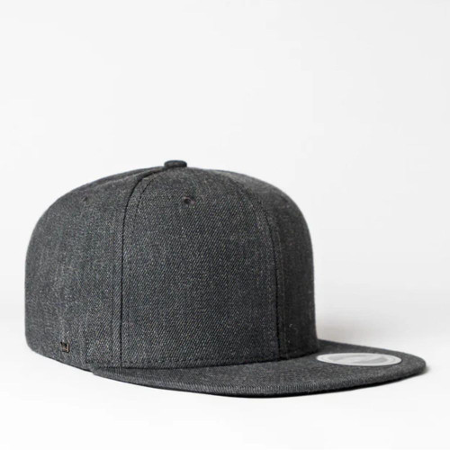 A fitted cap in dark grey with a flat peak, featuring a logo on the side.