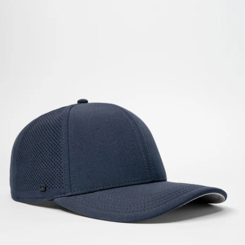 Navy blue mesh baseball cap on white background.