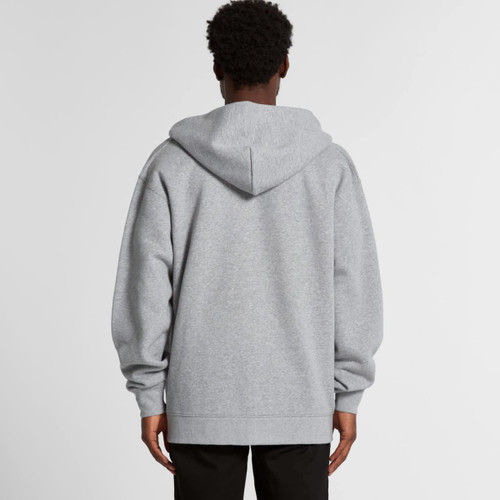 A grey hoodie with a spacious fit, featuring a hood and long sleeves, seen from the back. A grey hoodie with a spacious fit, featuring a hood and long sleeves, seen from the back.