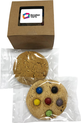 A window box containing two cookie varieties, one plain and one with colourful chocolate buttons, both individually wrapped.