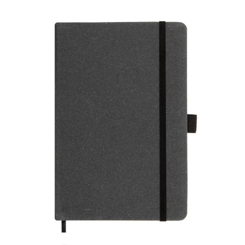 A grey notebook with a black elastic band closure and a ribbon bookmark. It has a simple, sleek design.