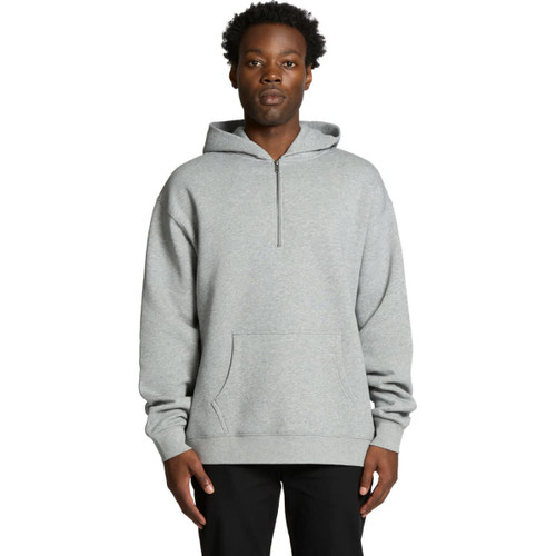 A grey half-zip hoodie with a pouch pocket and hood, featuring a logo.