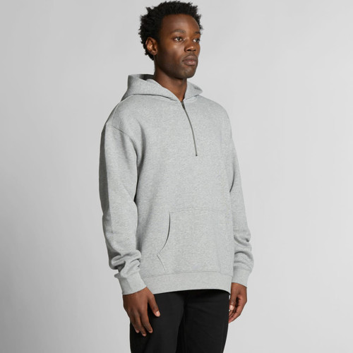 A grey half zip hoodie featuring a kangaroo pocket and a logo on the chest.