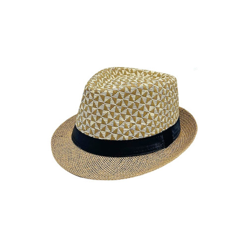 A straw woven top hat featuring a geometric pattern in beige and white, with a black band around the base.