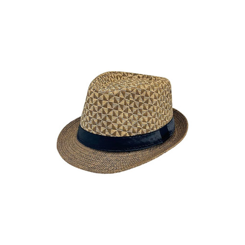 A straw woven top hat in shades of tan and brown, featuring a black band. The hat has a textured design.