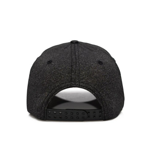 Black snapback hat back view with adjustable strap.