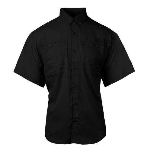 A short sleeve fishing shirt in black, featuring a button-up design and multiple pockets. It has a logo.