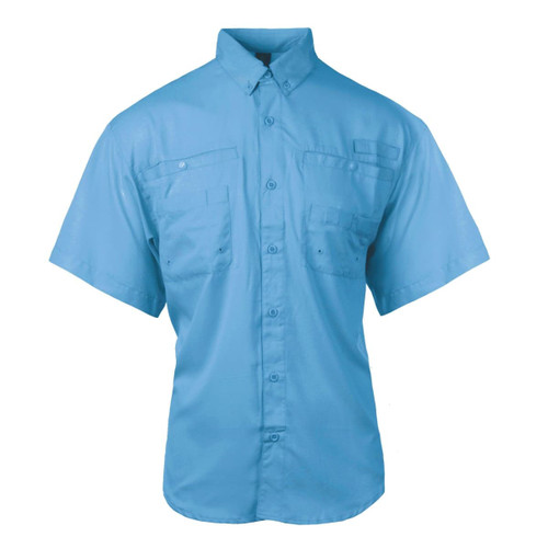 A short sleeve fishing shirt in light blue with two front pockets and a button-up design. It features a logo on the chest.