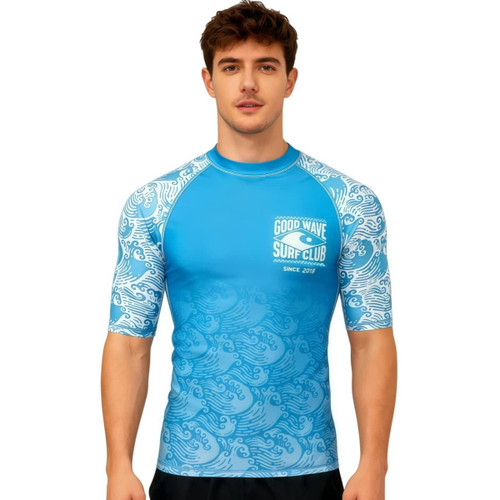 A blue rashie featuring wave patterns and short sleeves, designed with UPF 50+ protection. It includes a logo.